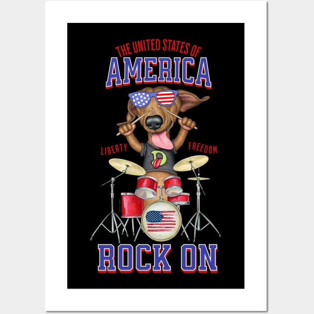 Funny and cute Doxie Dachshund Dog drumming rock on fur baby tee Wall Art by Danny Gordon Art